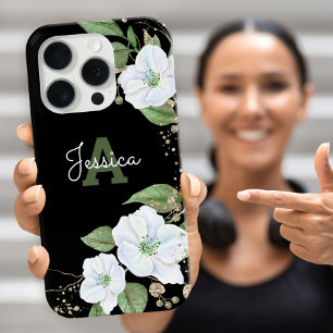 Black Gold Watercolor Floral Monogram Script Chic iPhone 16 Pro Hülle