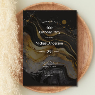 Black Gold Watercolor Wash 50. Geburtstag für ihn Einladung