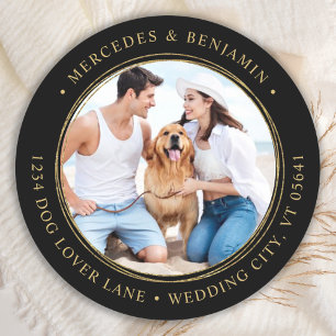 Black Gold Wedding Custom Foto Rücksendeadresse Runder Aufkleber