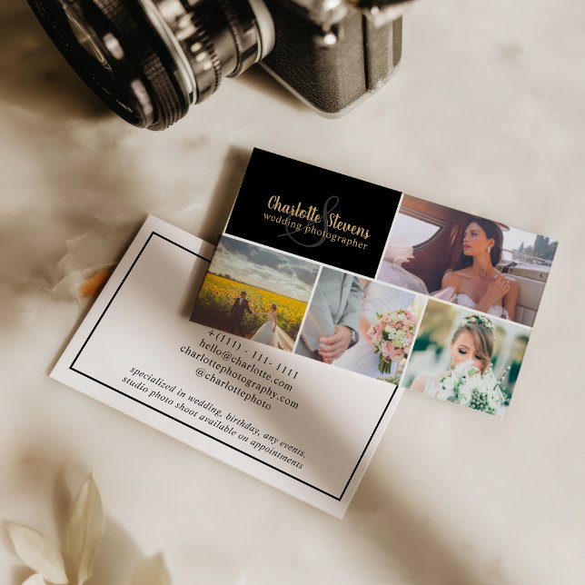 Black gold wedding photographer collage visitenkarte (Black gold wedding photographer collage business card)