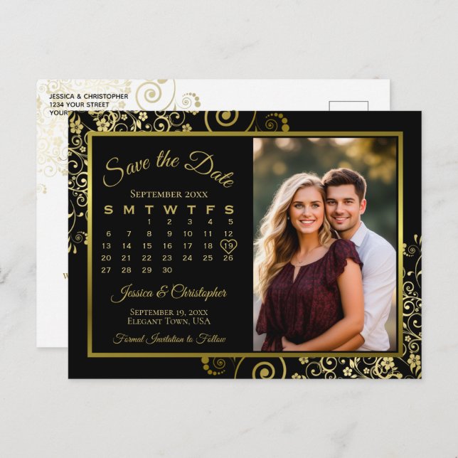Black & Gold Wedding Save the Date Calendar Foto Ankündigungspostkarte (Vorne/Hinten)