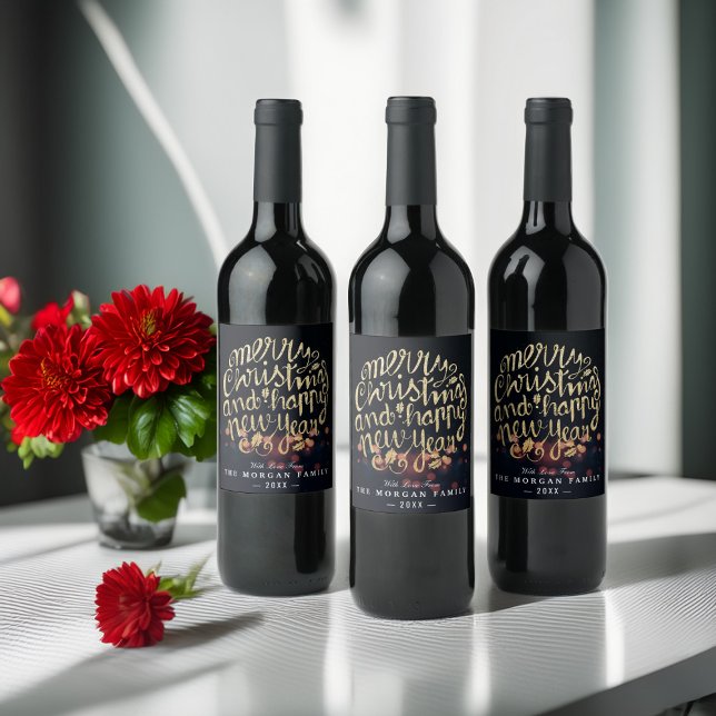 Black & Gold Weihnachten & Happy New Year Typograf Weinetikett (Von Creator hochgeladen)