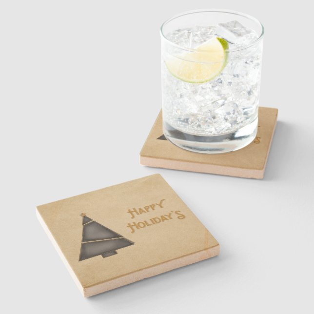 Black Gold Weihnachtsbaum Happy Holidays Steinuntersetzer (Seitenansicht)