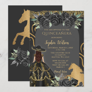 Black Gold Western Horse Floral Charra Quinceañera Einladung