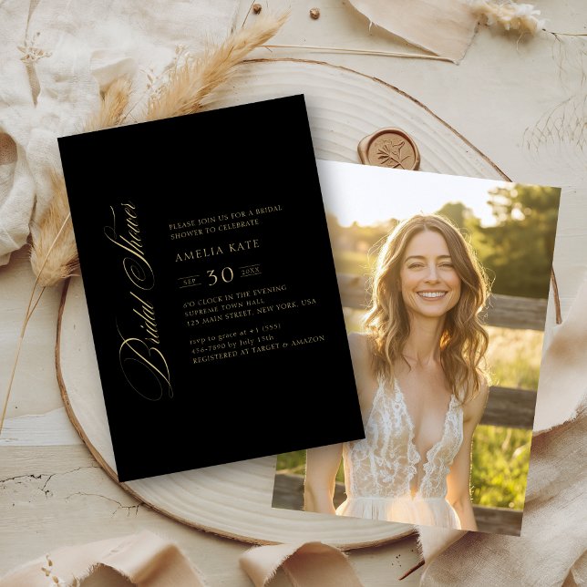 Black & Gold Whimsy Script Brautparty Foto Einladung (Von Creator hochgeladen)