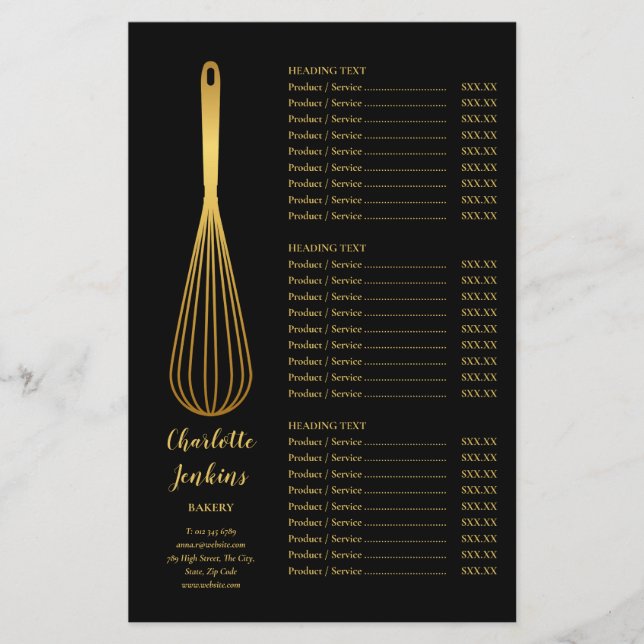Black Gold Whisk Bakery Patisserie Service Menü (Vorne)