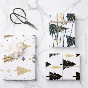 Black Gold White Christmas Tree Weihnachtsmuster Geschenkpapier Set