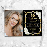 Black Gold White Foto 50. Geburtstag Einladung<br><div class="desc">Elegante Blumenladen zum 50. Geburtstag mit Ihrem Foto. Glam Schwarz-weißes Design mit Imitaten Glitzer Gold. Enthält weiße Rosen,  Skript-Schriftart und Konfetti. Ideal für ein stilvolles Party für Erwachsene. Personalisieren Sie Ihre persönlichen Daten. Kann für jedes Alter angepasst werden! Gedruckte Zazzle Einladungen oder Sofortdownload digitalen druckbaren Vorlage.</div>