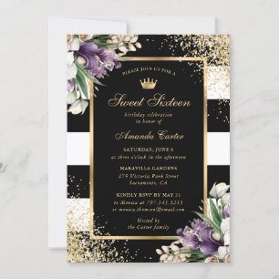 Black Gold White Lila Orchid Sweet 16 Geburtstag Einladung