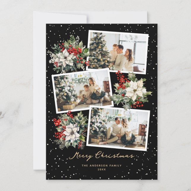 Black Gold White Poinsettia Foto Frohe Weihnachten (Vorderseite)