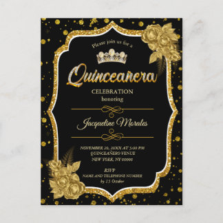 Black Gold & White Quinceañera Birthday Einladung