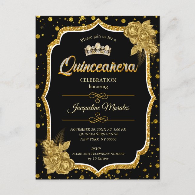 Black Gold & White Quinceañera Birthday Einladung (Vorderseite)