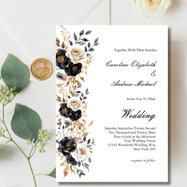 Black Gold White Watercolor Floral Elegant Wedding Einladung (Black Gold White Watercolor Florals Elegant Wedding Invitation. Printed or Digital Download)