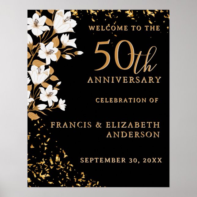 Black Gold Willkommensfloral 50. Hochzeitstag Poster (Vorne)