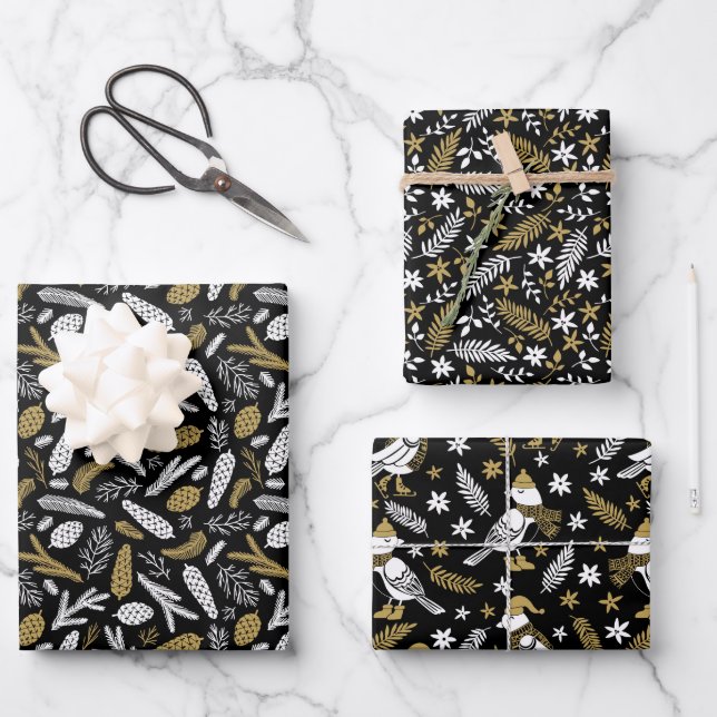 Black Gold Winter Botanicals Birds Christmas  Geschenkpapier Set (Vorderseite)