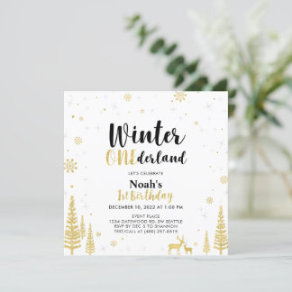 Black & Gold Winter Onederland 1. Geburtstag Einladung