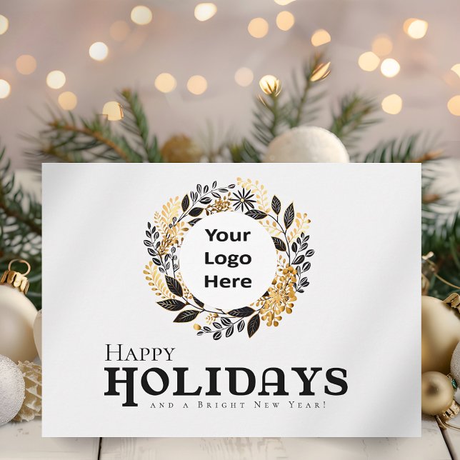Black Gold Wreath Business Weihnachtsgeschenk Feiertagskarte (Black and Gold Wreath Happy Holidays Corporate Business Holiday Card for Customers and Employees)