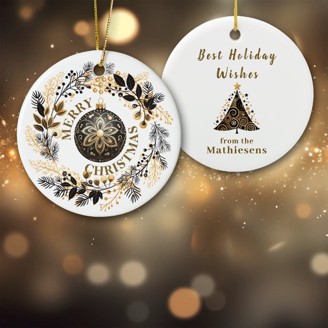 Black Gold Wreath Holiday Keramik Ornament (Von Creator hochgeladen)
