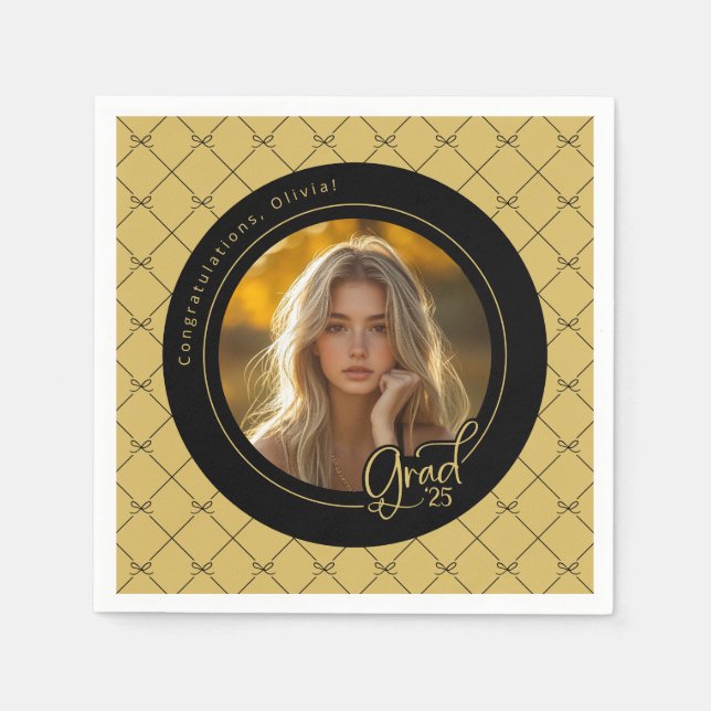 Black Gold Yellow Foto Graduation Party Paper Serviette (Vorderseite)