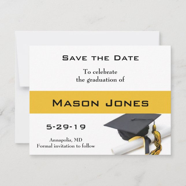 Black Gold Yellow Graduation Cap und Tassel Custom Save The Date (Vorderseite)
