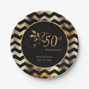 Black & Gold Zickzack 50. Hochzeitstag Pappteller
