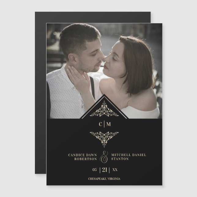 Black Golden Chic Lace Romantic Couple Wedding Magnetkarte (Vorne/Hinten)