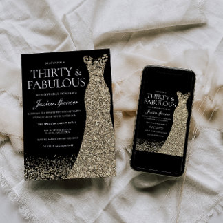 Black Golden Dress Womans 30. Geburtstag Party Einladung