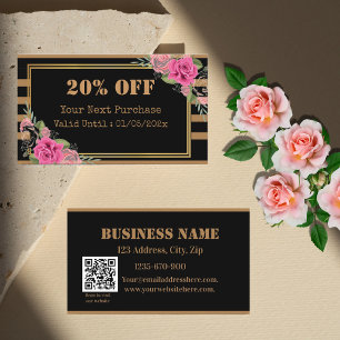 Black Golden Strips floral QR Code Discount Card Rabattkarte