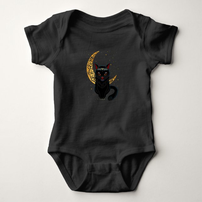 Black Gothic Cat Crescent Wicca Goth Kitten Baby Strampler (Vorderseite)