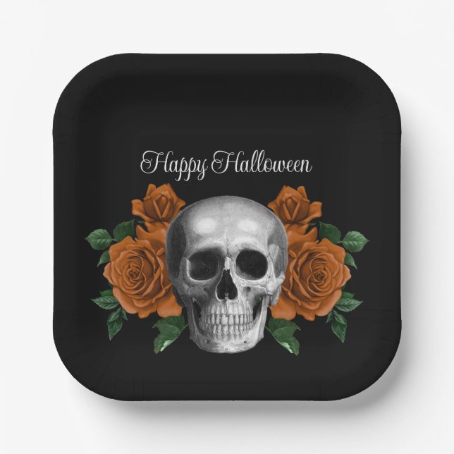 Black Gothic Floral Skull Halloween Pappteller (Vorderseite)