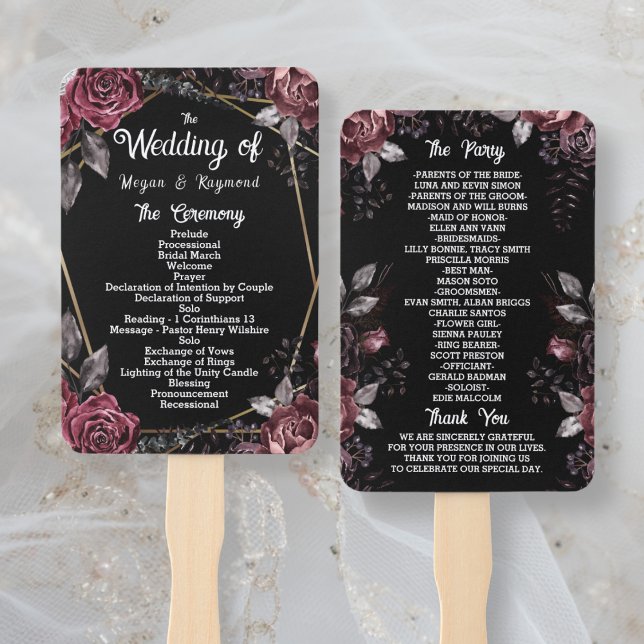 Black Gothic Floral Wedding Program Hand Fan Fächer (Von Creator hochgeladen)