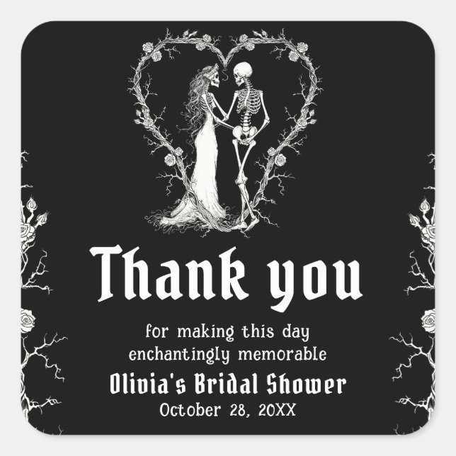 Black Gothic Halloween Skeleton-Brautparty Quadratischer Aufkleber (Vorderseite)