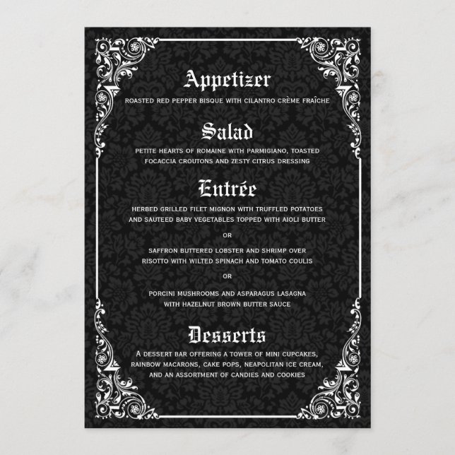 Black Gothic Viktorianisch Damask Hochzeitsmenüs Menükarte (Vorderseite)