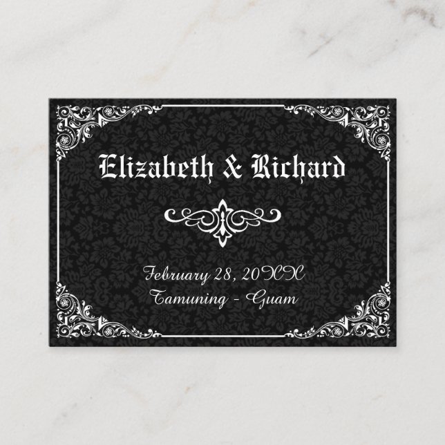 Black Gothic Viktorianisch Damask Hochzeitsszenari Platzkarte (Vorderseite)