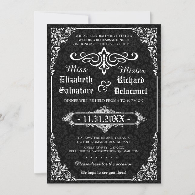 Black Gothic Viktorianisch Damask Probe Dinner Einladung (Vorderseite)