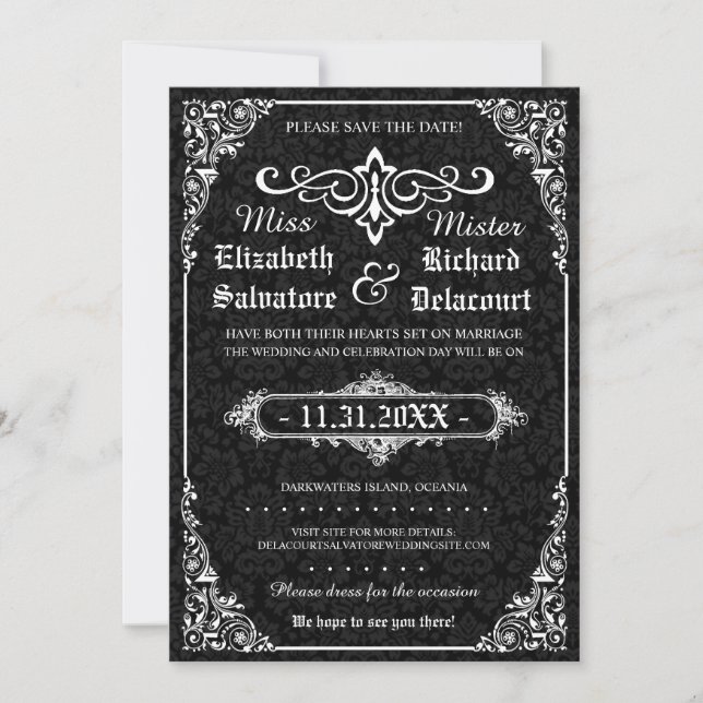 Black Gothic Viktorianisch Damask Speichern Sie di Save The Date (Vorderseite)