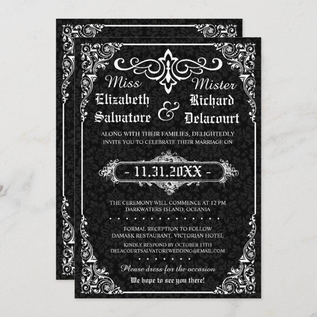 Black Gothic Viktorianisch Damask Wedding Einladun Einladung (Vorne/Hinten)