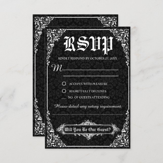 Black Gothic Viktorianisch Damask Wedding RSVP Car Einladung (Vorne/Hinten)
