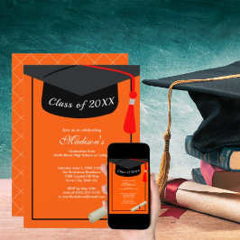 Black Grad Cap Diploma Orange Graduation Party Einladung