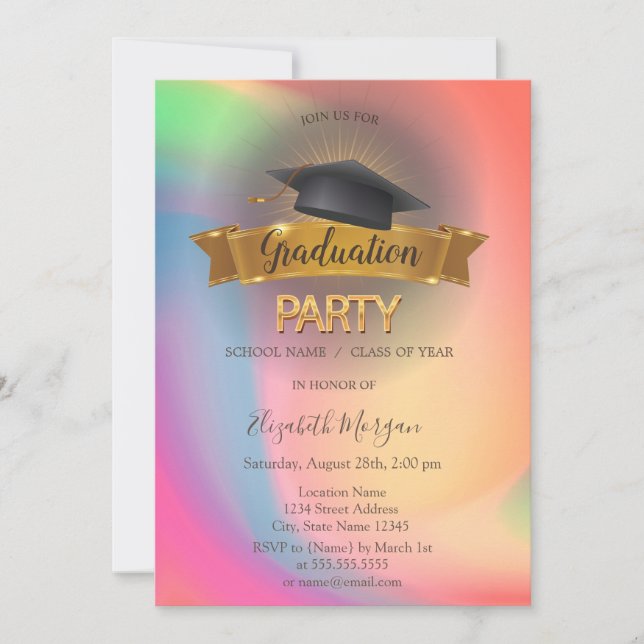 Black Grad Cap Rainbow Colorful Graduation Party Einladung (Vorderseite)