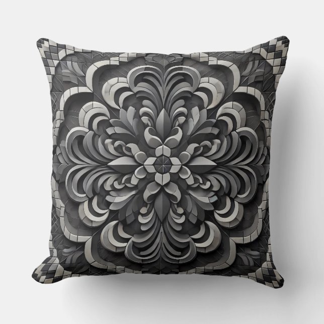 Black Gradient Mandala: Deep Mosaic Art Kissen (Vorderseite)