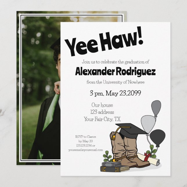 Black Graduation Cap Cowboy Boot Arrangement Einladung (Vorne/Hinten)