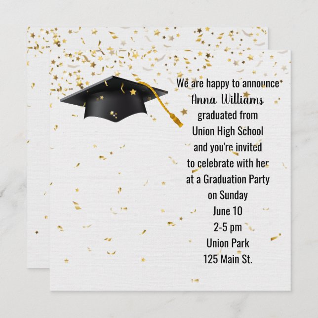 Black Graduation Cap mit Gold Confetti Einladung (Vorne/Hinten)