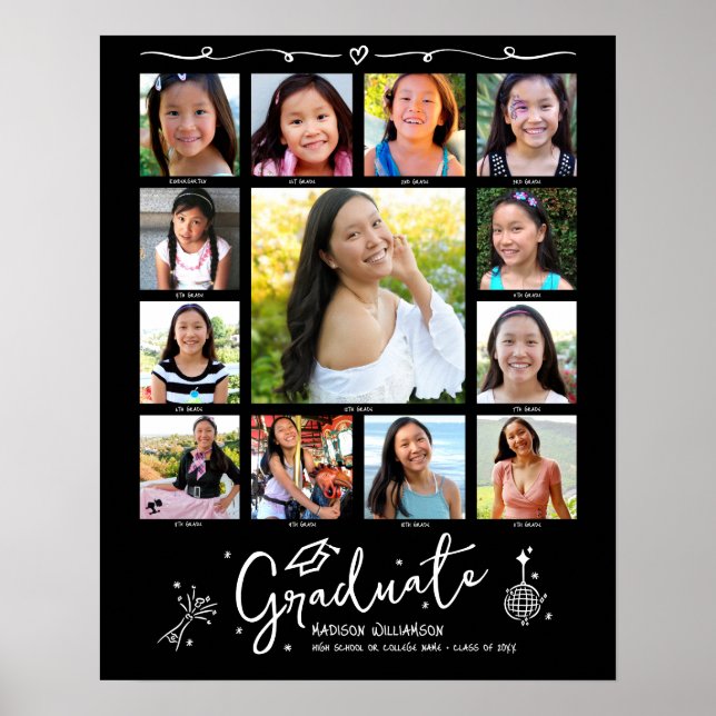 Black Graduation K–12 Photo Collage White Doodles Poster (Vorne)
