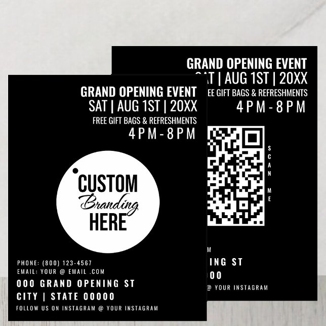 Black Grand Opening Flyer Business Logo & QR Code (grand opening logo QR code business flyer
)