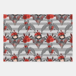 BLACK GRAT RED HALLOWEEN GIRLS FLOWERS COFFINS GESCHENKPAPIER SET