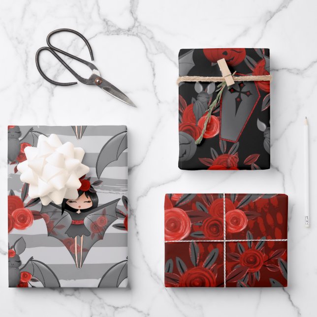BLACK GRAT RED HALLOWEEN GIRLS FLOWERS COFFINS GESCHENKPAPIER SET (Vorderseite)