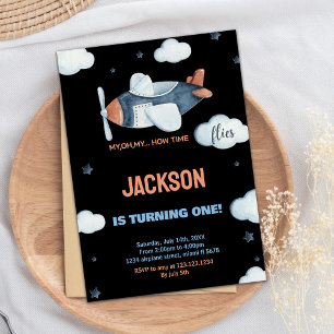 Black Gray Brown Airplane Einladung zum Geburtstag