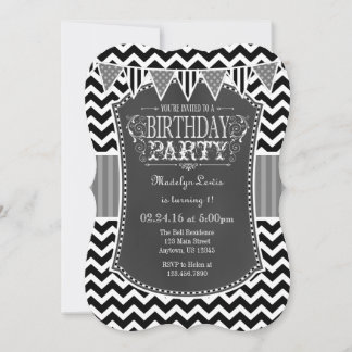 Black Gray Chalkboard Zickzack Geburtstag Einladun Einladung