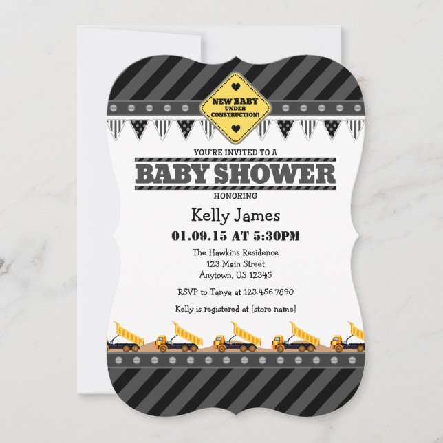 Black Gray Construction Baby Shower Einladung (Vorderseite)